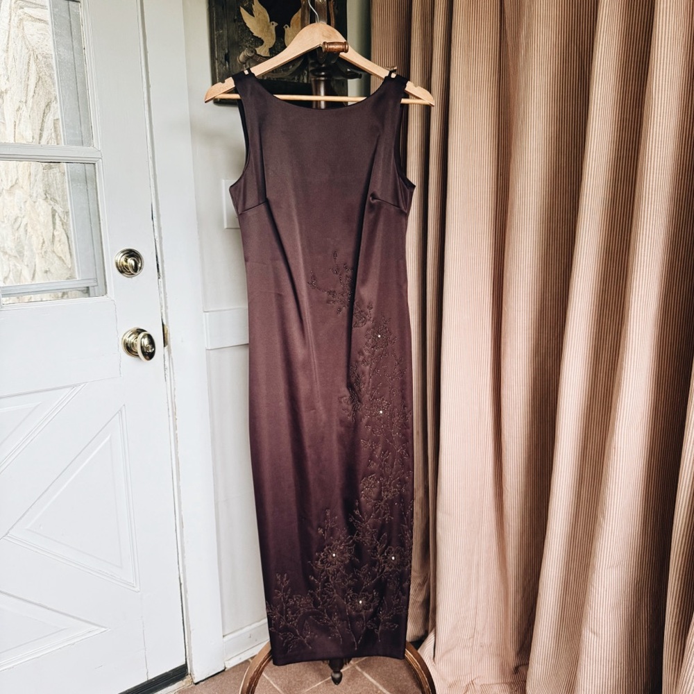90s Vintage Beaded Sleeveless Evening Gown in Dark Brown